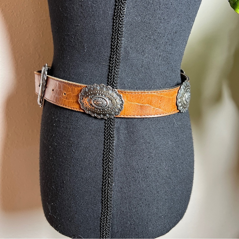 Women’s Western Silver Antique Tone Concho Reptile Embossed Brown Belt 30 - Picture 14 of 15